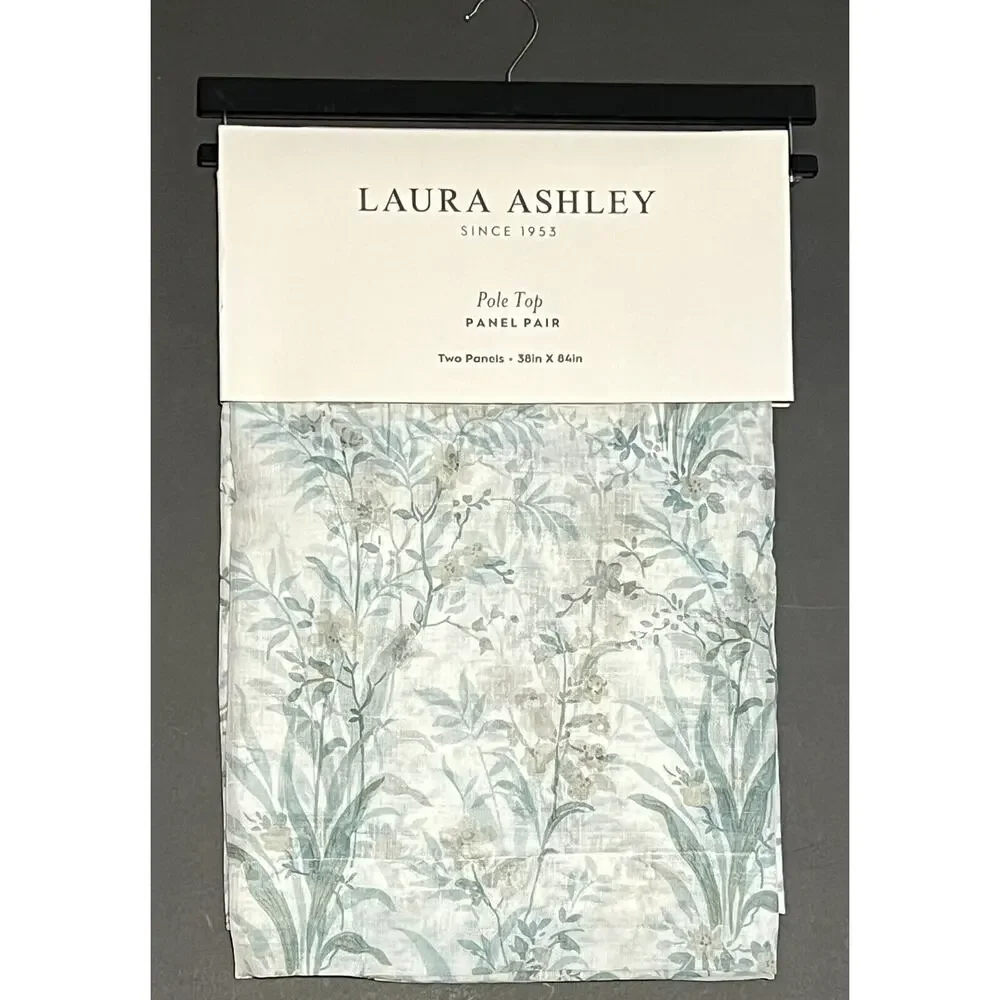 Laura Ashley Sheer Floral Window Curtain Panels 38x84” TEAL Gray Wht Posy Leaves